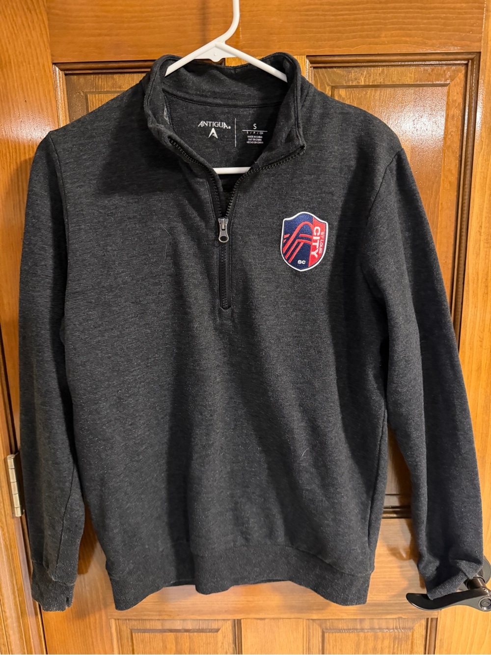 Antigua Men's Charcoal Quarter-Zip with Red & Blue Crest